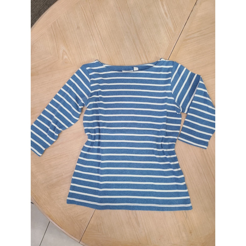 L.L.Bean Striped Top Womens Size M Blue White Nautical 3/4 Sleeve
